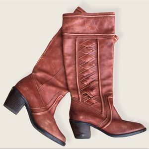 Fossil Knee High Braided Staked Heel Boots
